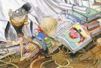Captain Teachums Buried Treasure. Two boys - one sitting, one lying - reading a book