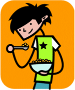 cartoon showing a boy eating breakfast