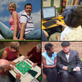 from top-left - young man and woman, woman at a computer, woman and older man talking, people playing a board game