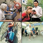 photos of older people using computer, young people using a pda, man in wheelchair rockclimbing and older people exercising