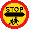 A picture of an adult and a child crossing a road between dotted lines with a horizontal black bar underneath on a yelllow background with a red border 